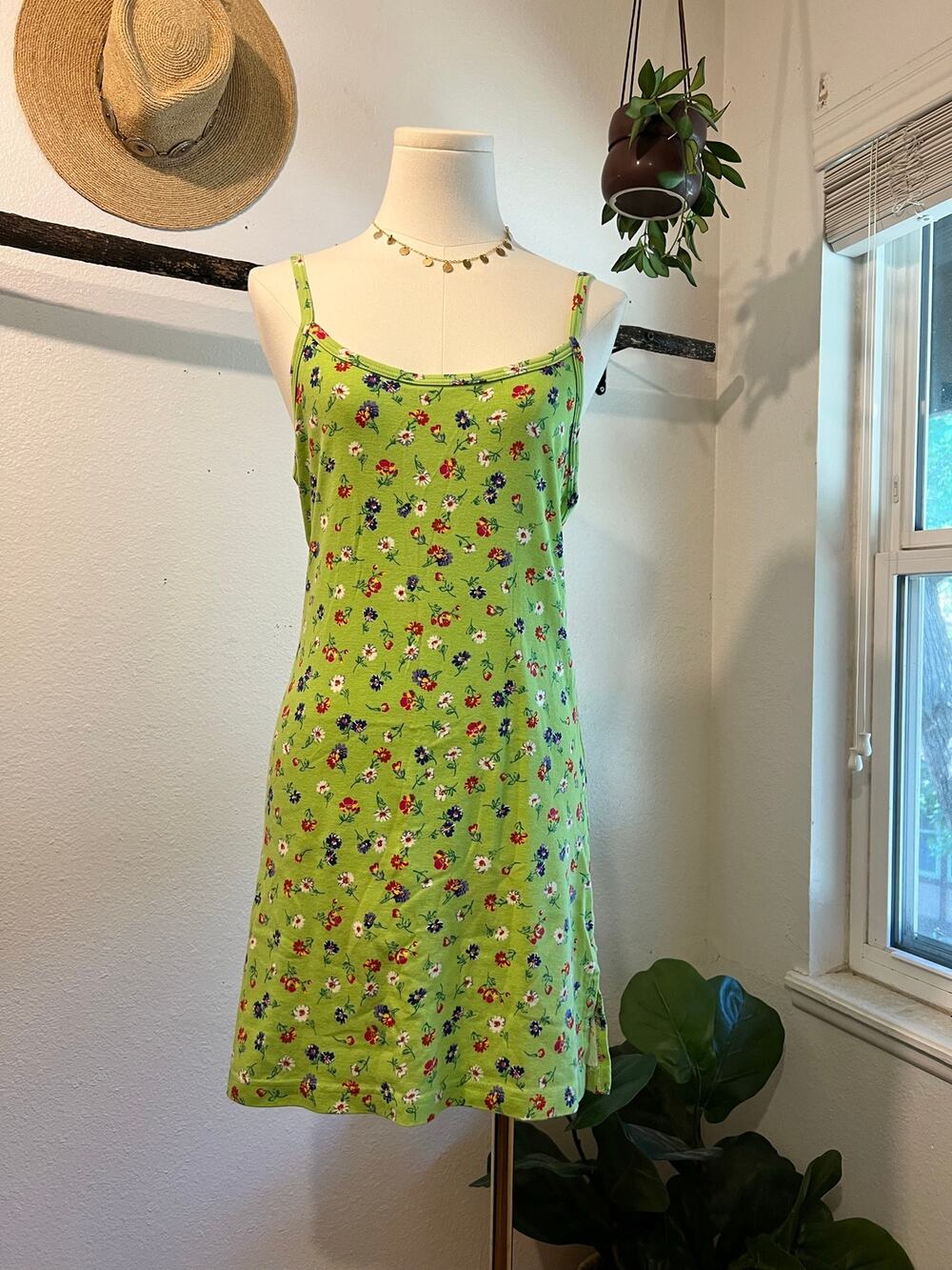 Y2K Victoria's Secret Green Cotton Daisy Open Back Mini Tank Dress Size Small